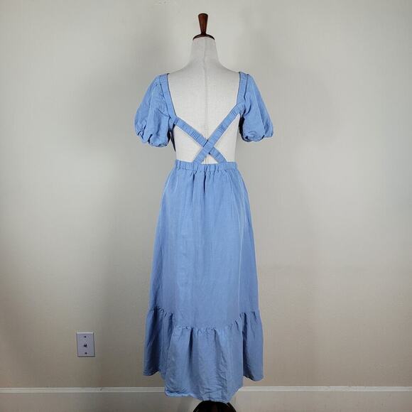 ASTR the Label Dress Womens Small Blue Jelena Cut Out Puff Sleeves Midi Ruffles - Picture 5 of 10